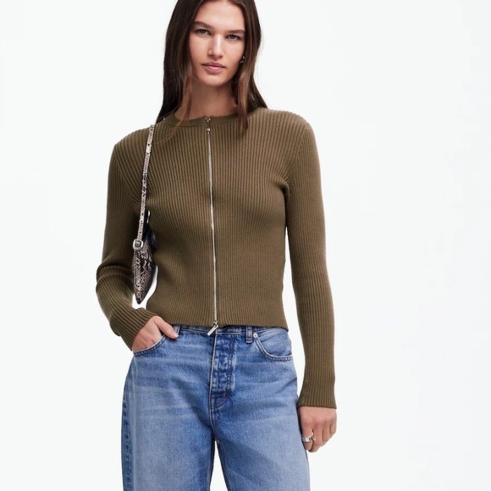 NWT Madewell Zip-Front Ribbed Cardigan in Dark Cargo size XXS